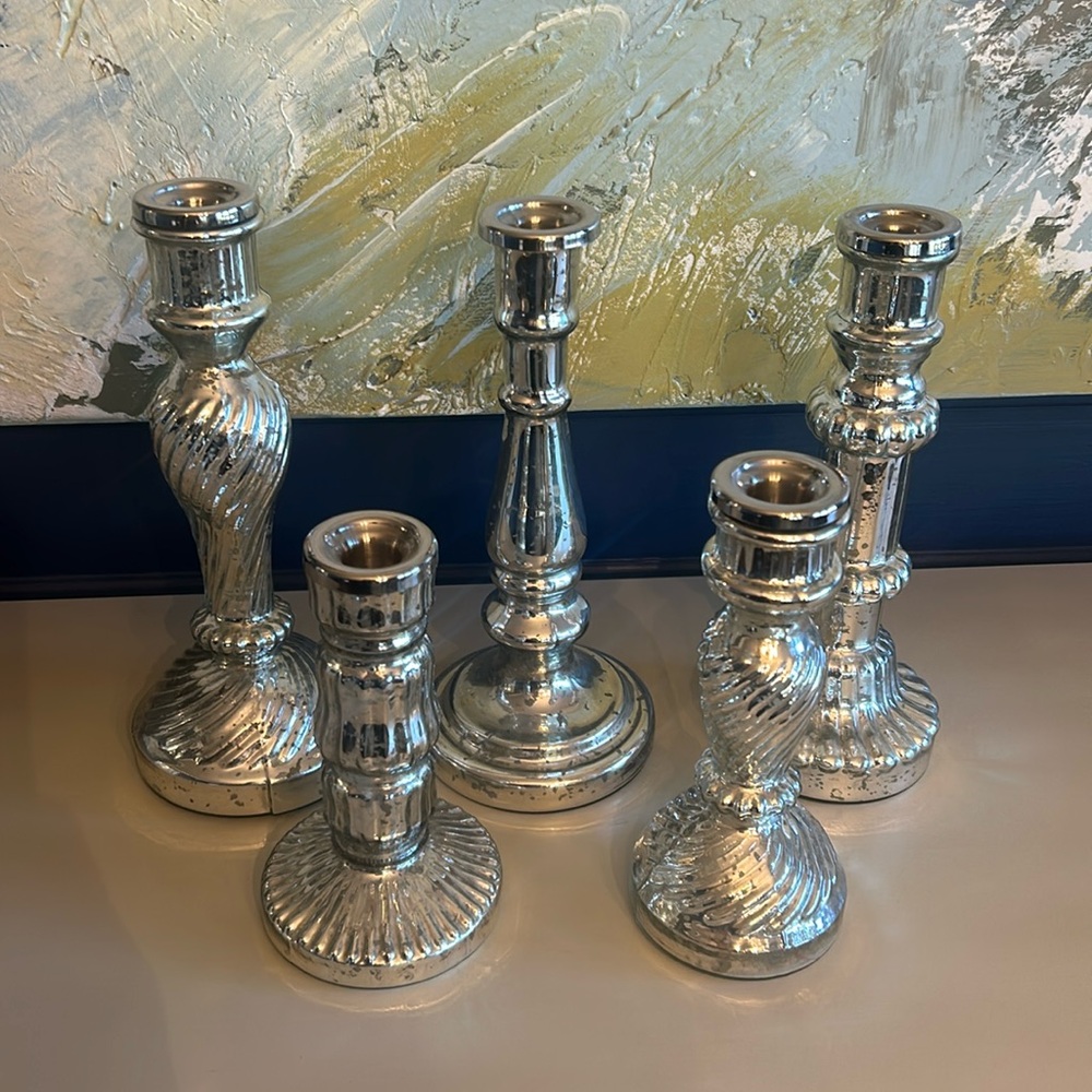 Ballard Design - Never used, set of 5 silver distressed candle holders